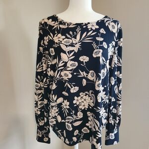 T Tahari Navy and Cream Floral Blouse